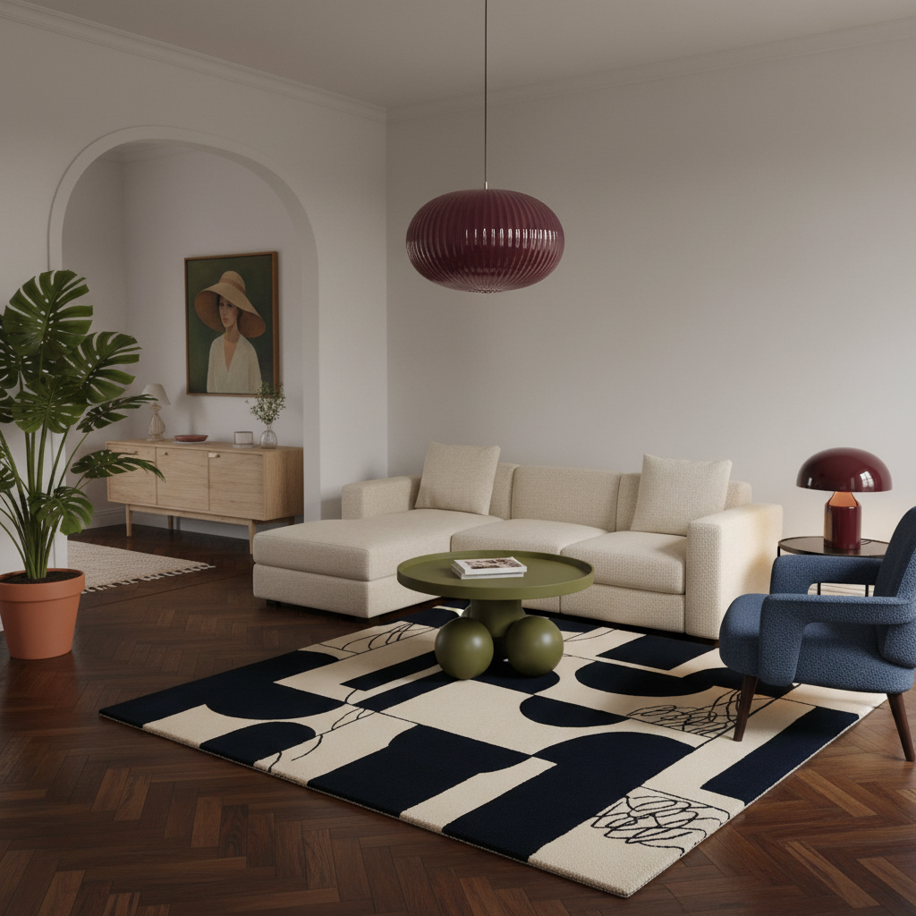 A styled living room interior featuring a cream sectional sofa, a blue armchair, a round green coffee table, a black and cream abstract area rug, a dark wood herringbone floor, and a ribbed burgundy pendant light hanging above.