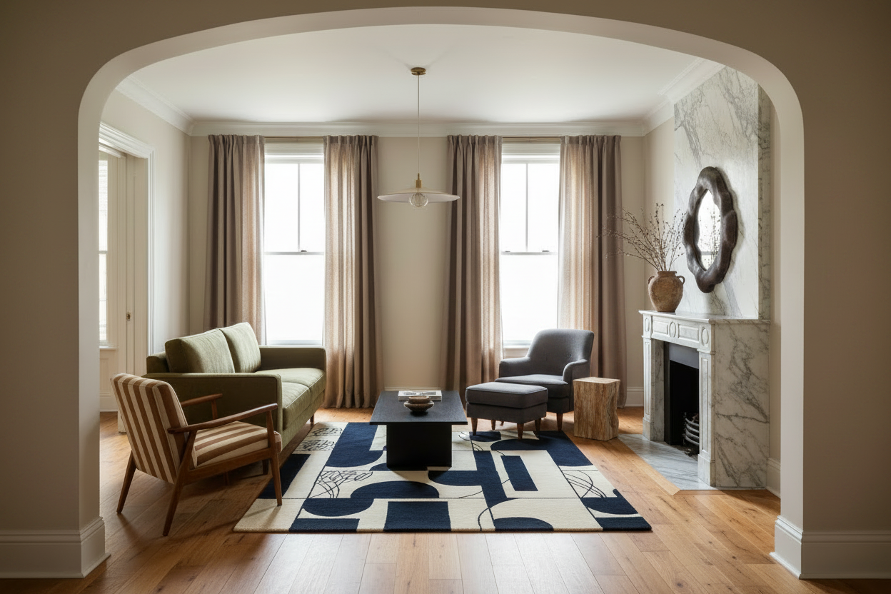 Living room with a fireplace, sofa, and armchair.