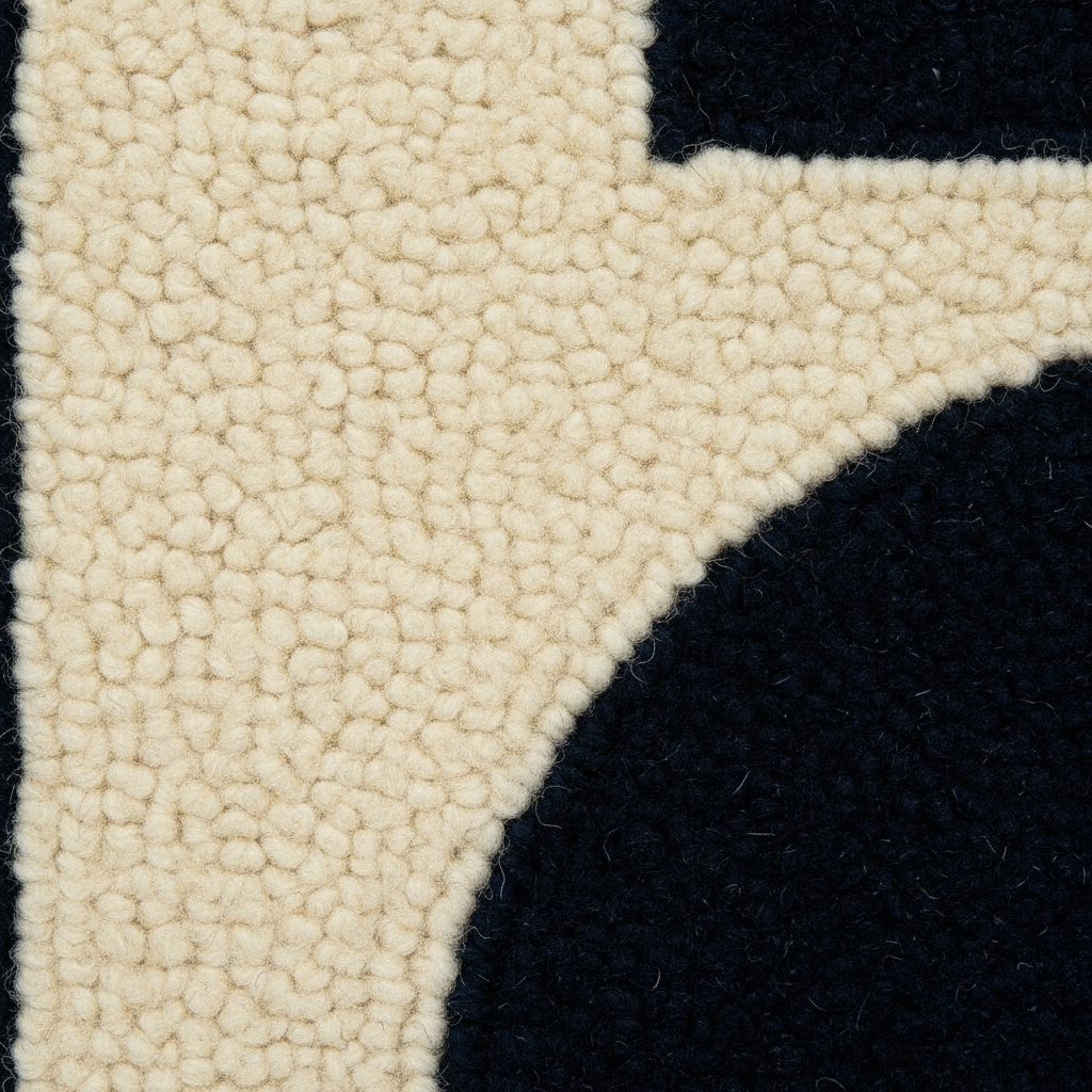 Close-up of a textured area rug with a bold geometric pattern in cream and black, showing the detailed loop pile texture.