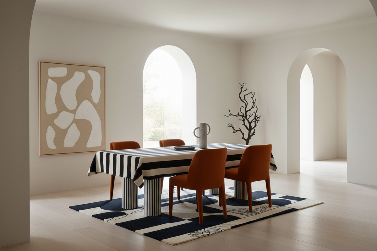 A styled dining room interior with a rectangular table covered in a black-and-white striped tablecloth, surrounded by four orange-brown upholstered chairs. A dark blue and white patterned rug lies beneath the table, and the room has warm off-white walls, arched windows, and abstract wall art.