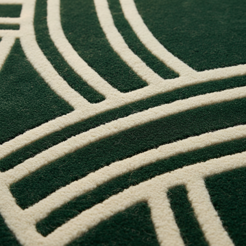 Close-up of a dark green textured rug with a raised cream-colored geometric pattern.