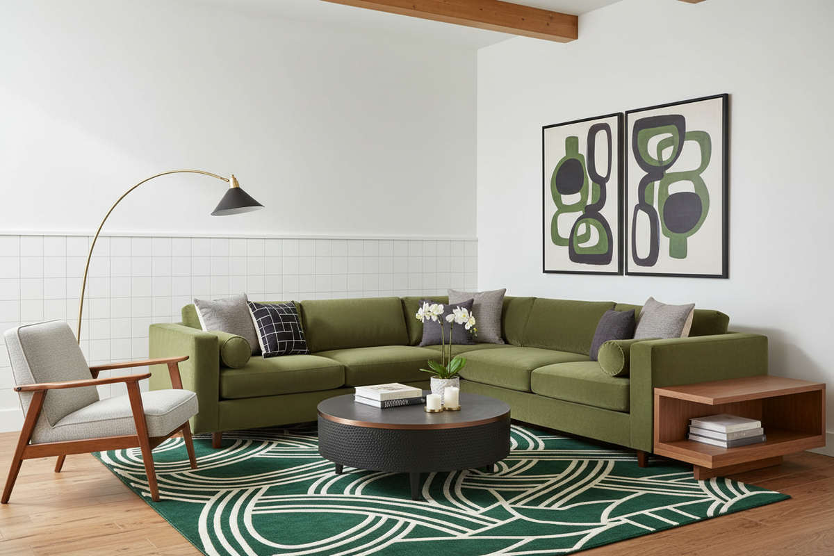 Modern living room with green sectional sofa, armchair, and abstract art on the wall.