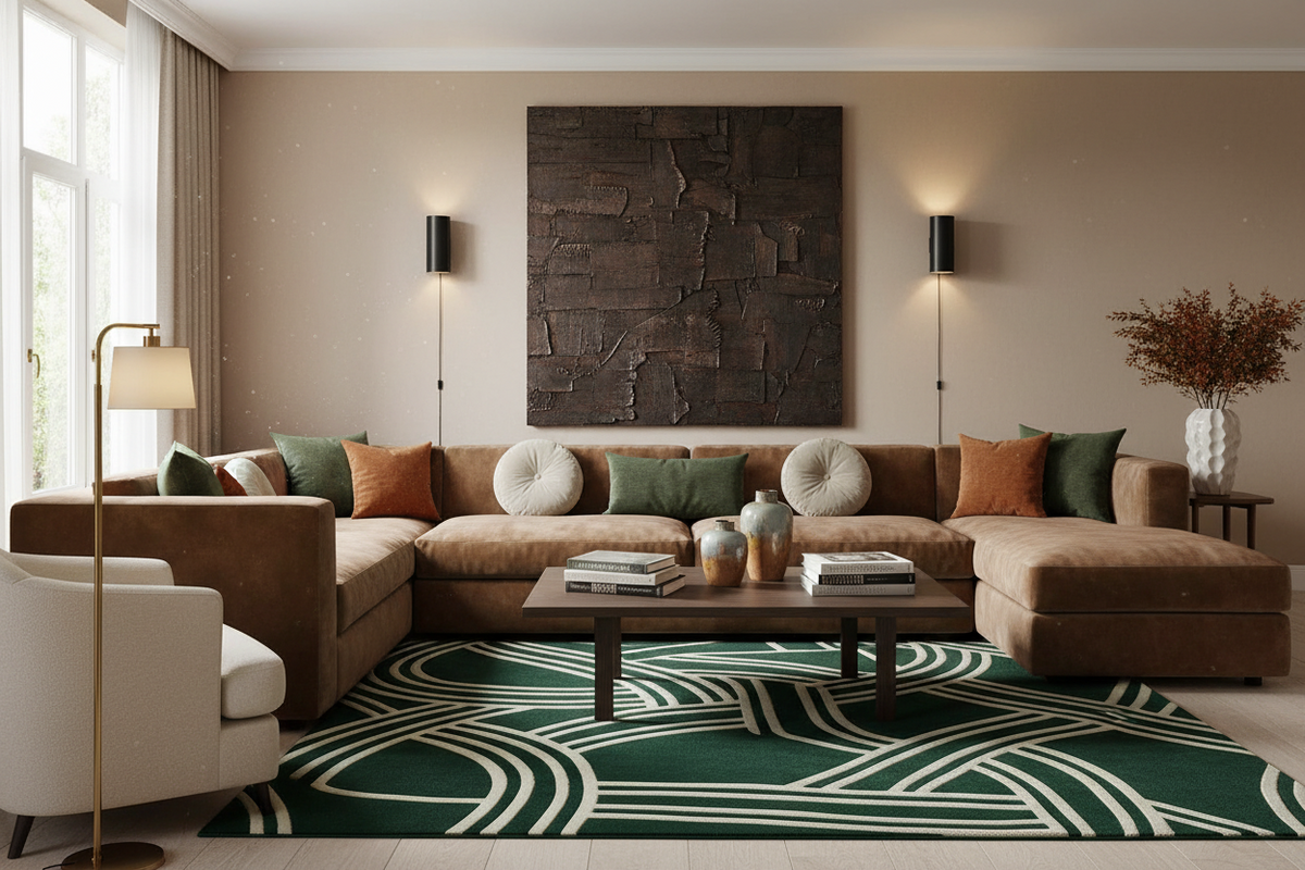 A styled living room featuring a large brown sectional sofa with green and orange accent pillows, a dark wood coffee table, a green and cream patterned rug, and a large textured dark brown wall art piece centered on a beige wall.