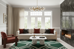 Modern living room with a sofa, armchair, coffee table, green rug, and fireplace.