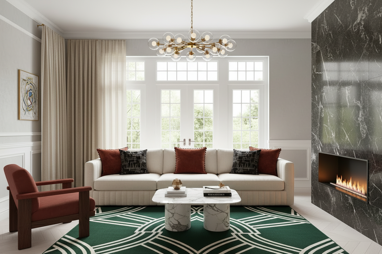 Modern living room with a sofa, armchair, coffee table, green rug, and fireplace.