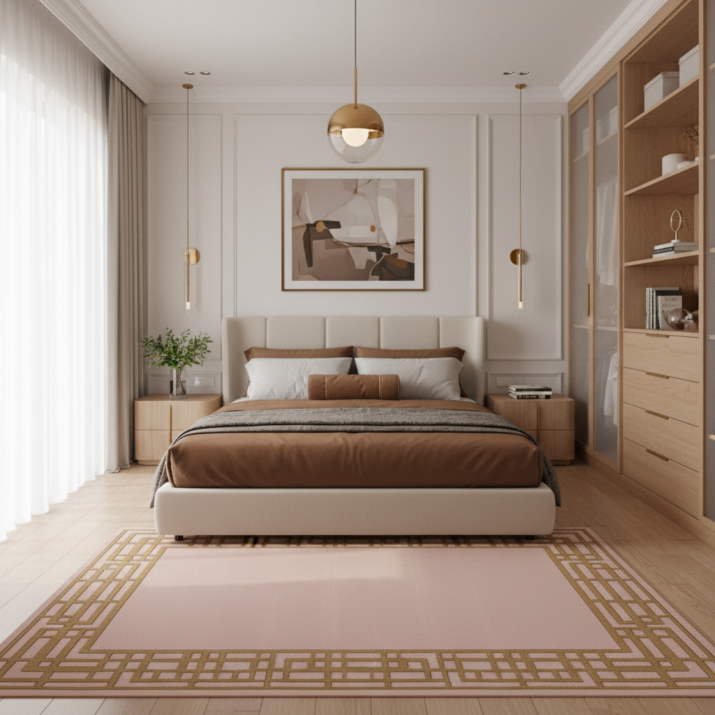 A modern bedroom interior featuring a bed dressed in brown and beige bedding, flanked by matching nightstands and a tall light wood wardrobe. A pale pink rug with a gold geometric border lies in front of the bed, and wall art hangs above the headboard.