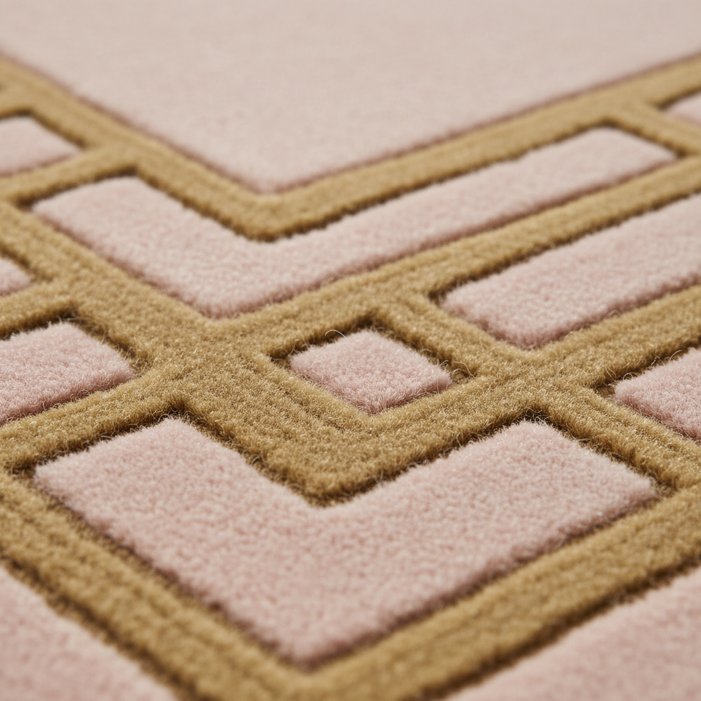 Close-up of a textured area rug with a geometric pattern in dusty pink and tan.