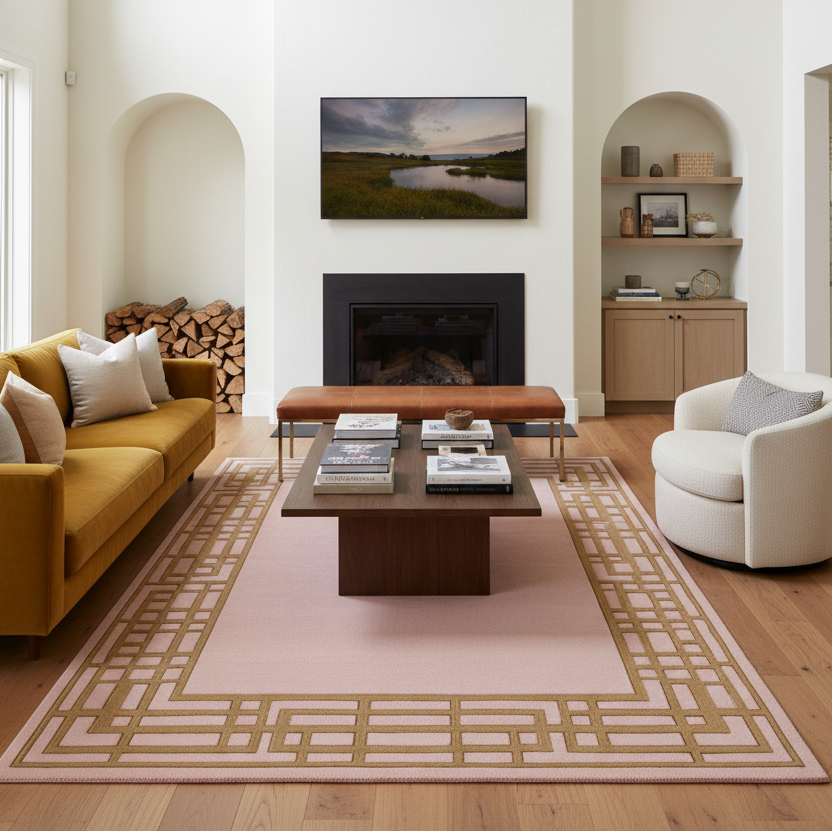 A styled living room featuring a large rectangular area rug with a beige geometric border and a dusty pink center, placed under a coffee table in front of a fireplace.