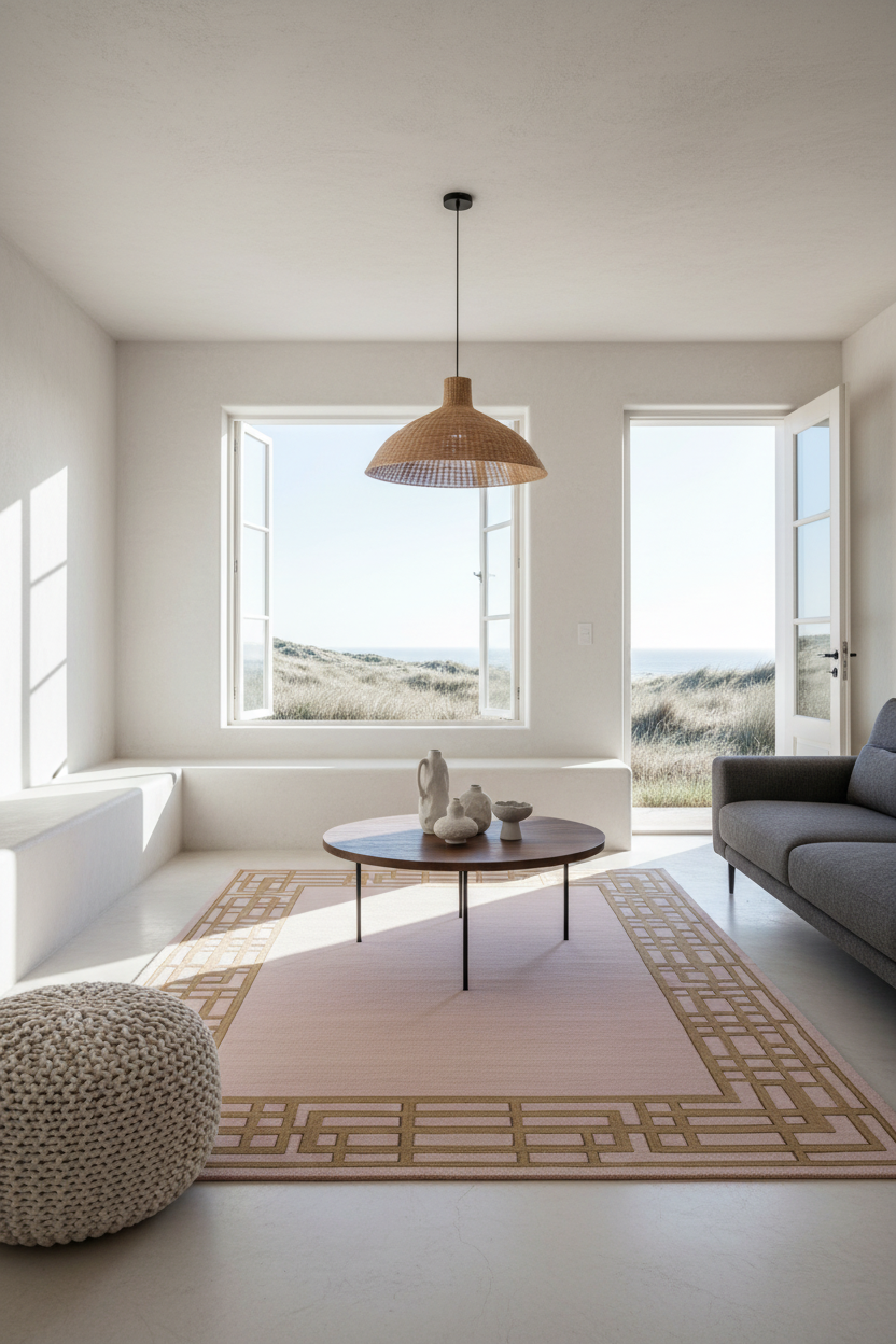 A modern living room with a light pink rug featuring a beige geometric border, styled with a round wooden coffee table, a woven pouf, and a gray sofa. Large windows and open doors offer a view of sand dunes and the sea, and a woven pendant light hangs from the ceiling.