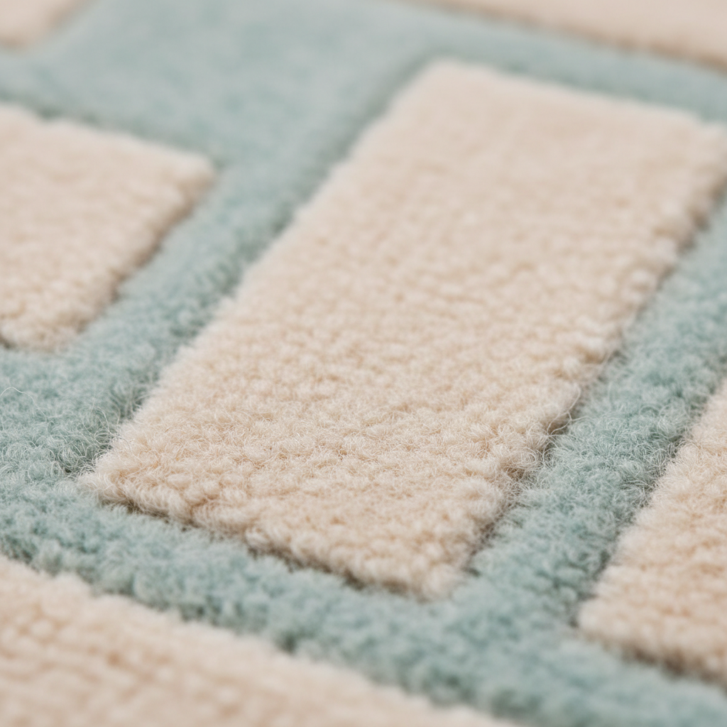 Close-up of a plush textured rug with a geometric pattern in pale mint green and cream.