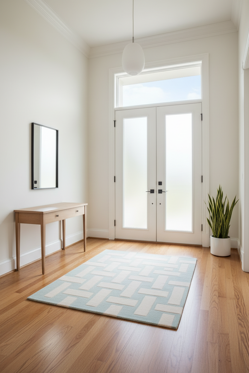Modern interior with a rug, console table, and French doors.