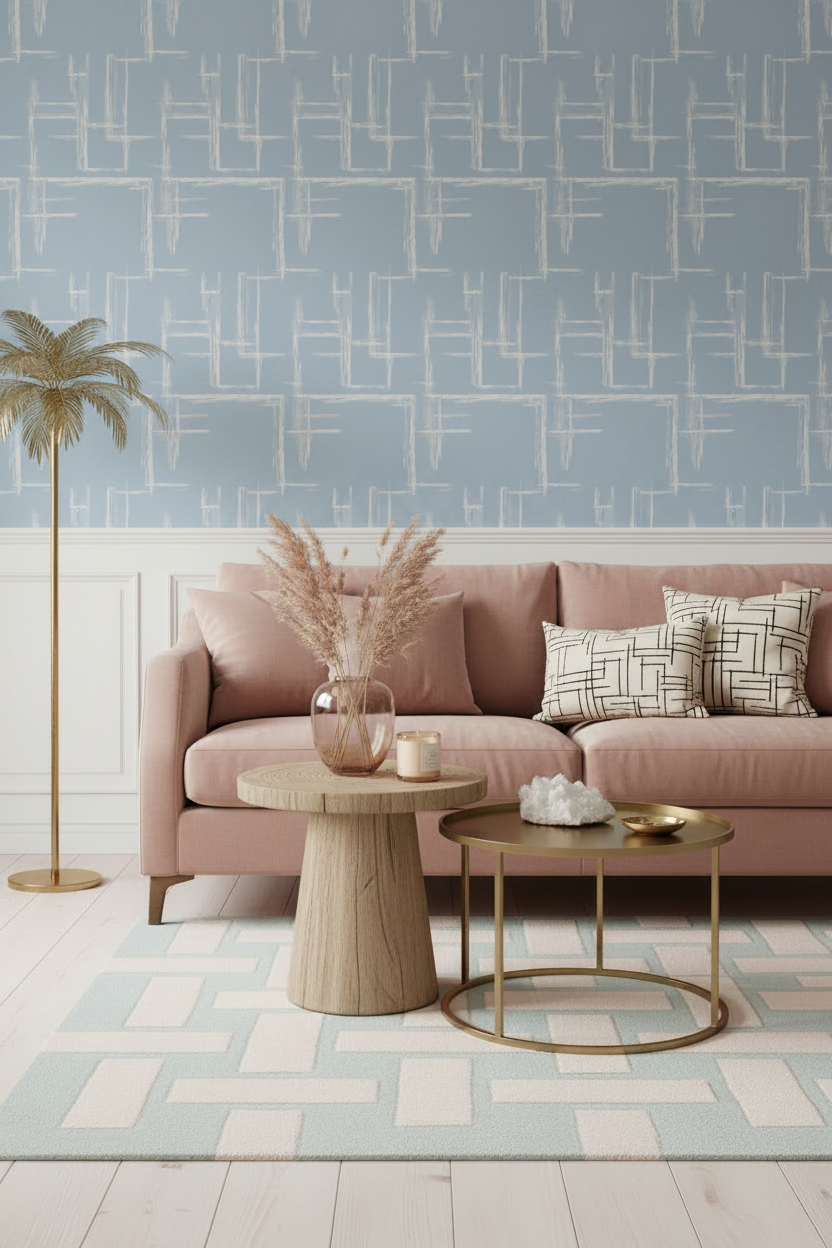 Modern living room with pink sofa, geometric patterned wallpaper, and decorative blue rug.