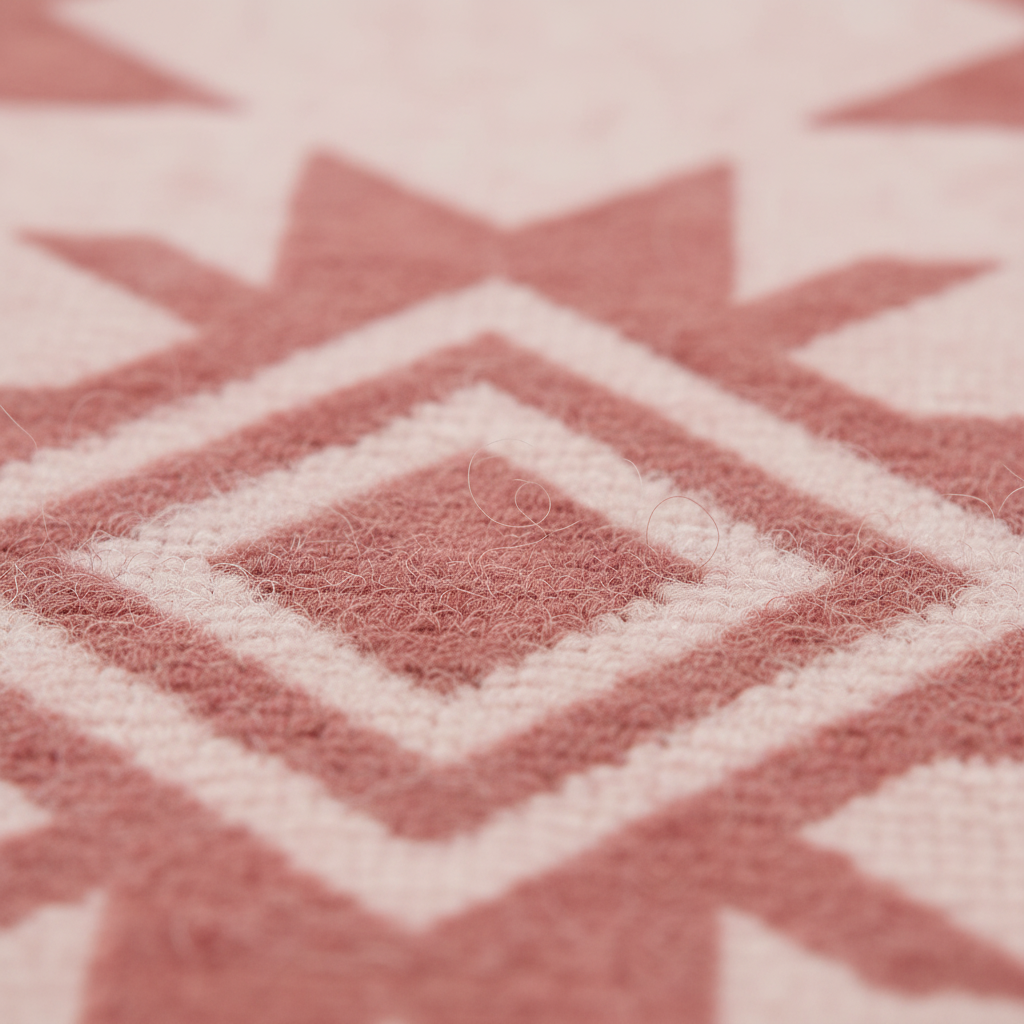 Close-up of a textured rug with a geometric diamond pattern in dusty pink and off-white.