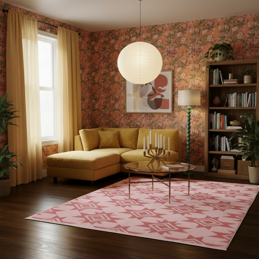 A styled living room featuring a pink and coral geometric patterned area rug on dark wood floors, paired with a mustard yellow sectional sofa, floral wallpaper, and a round white paper lantern pendant light.