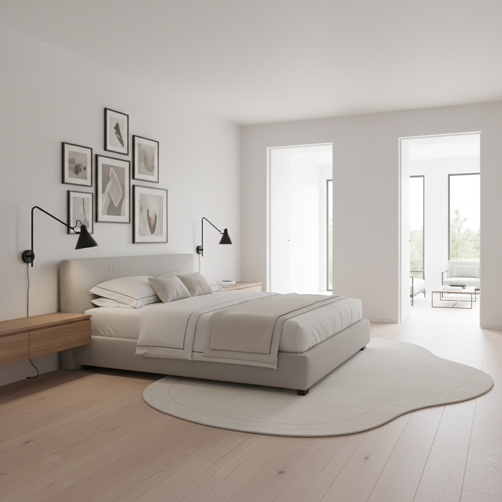 A minimalist bedroom featuring a low-profile platform bed with light beige upholstery, dressed in neutral cream bedding. The room has light wood floors, a matching wavy cream rug, black wall-mounted lamps, and a gallery wall of framed abstract art.
