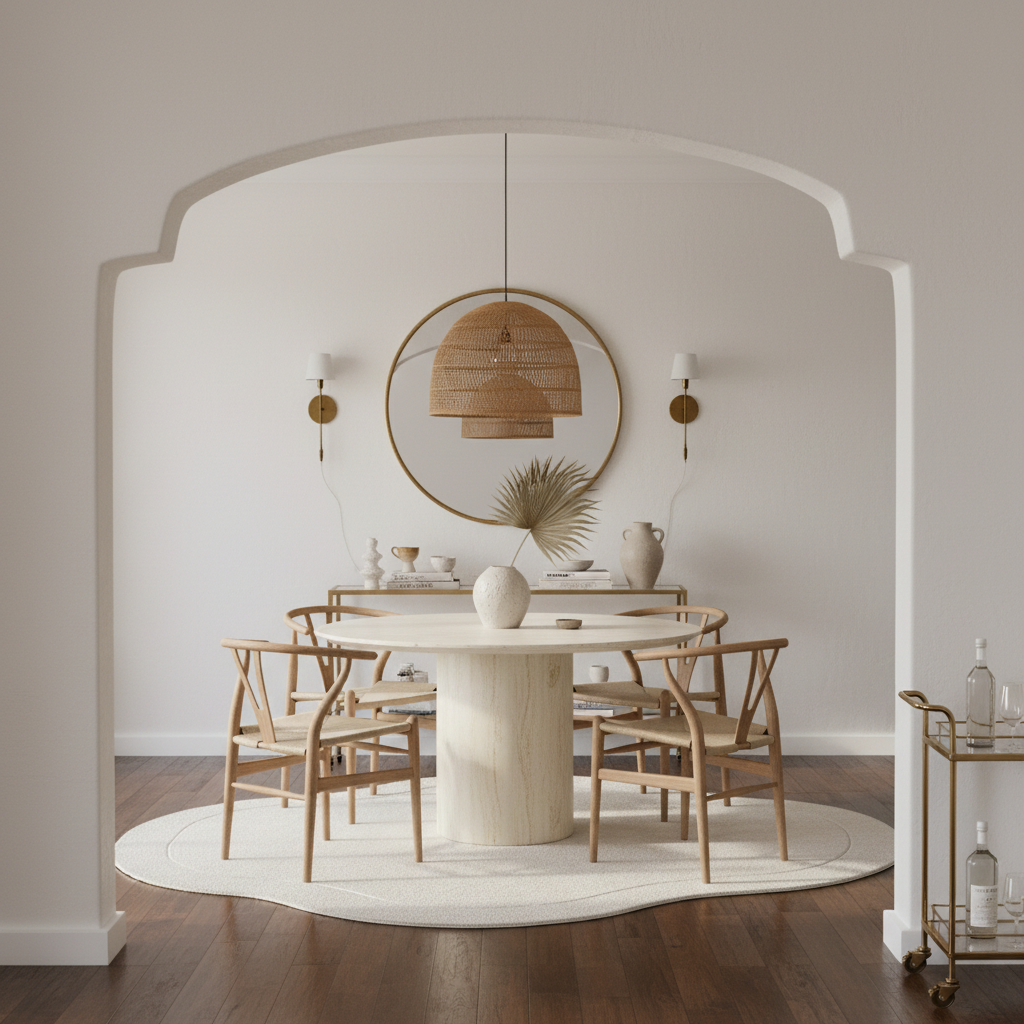 Modern dining room with marble table and wooden chairs, featuring a decorative organic shaped rug and pendant light.