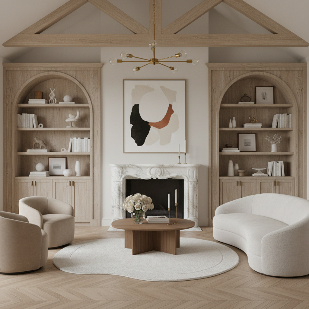Modern living room with wooden shelves, a fireplace, organic shaped white rug, and a chandelier.