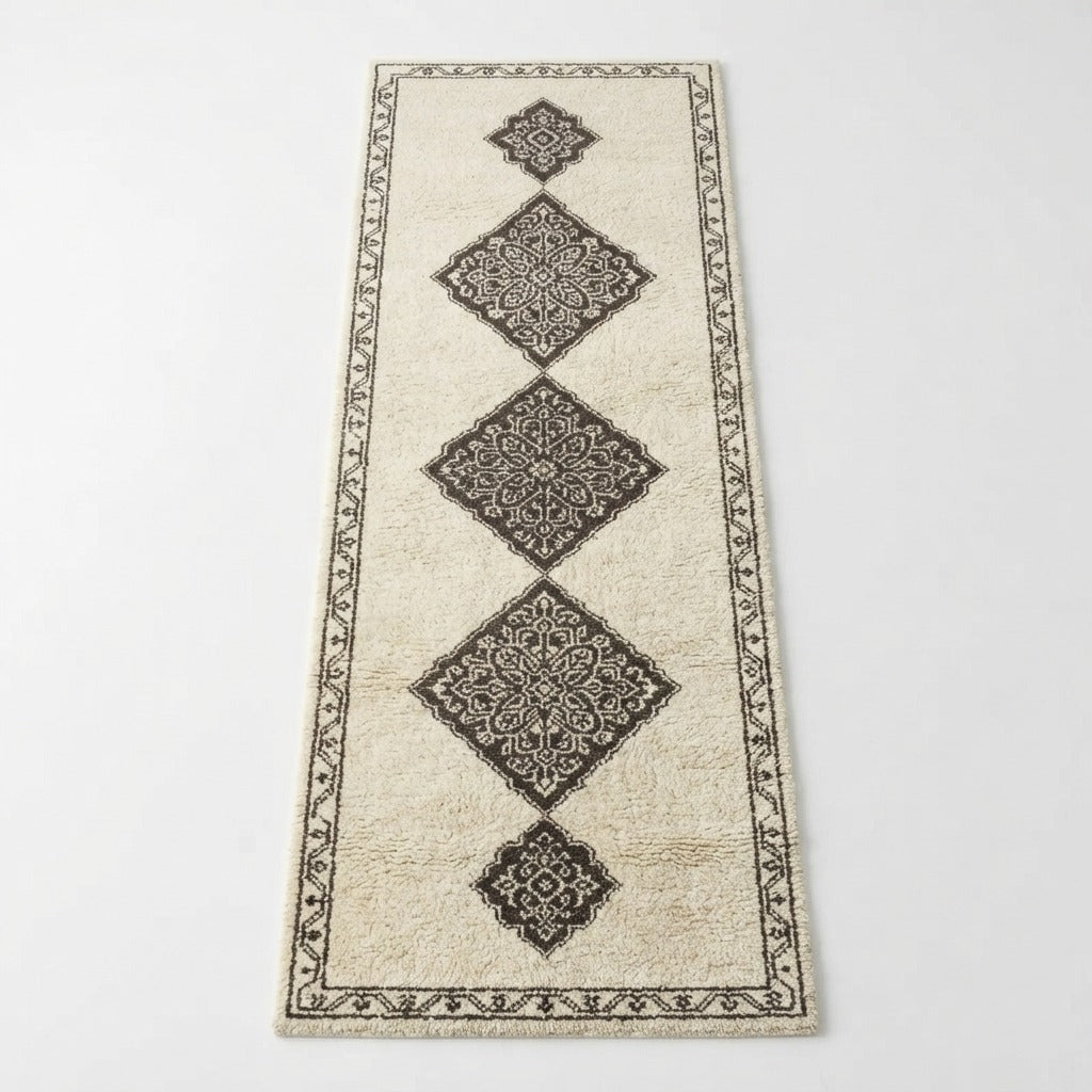 Ivory Charcoal Tiles Hand Tufted Runner Rug - studio photo