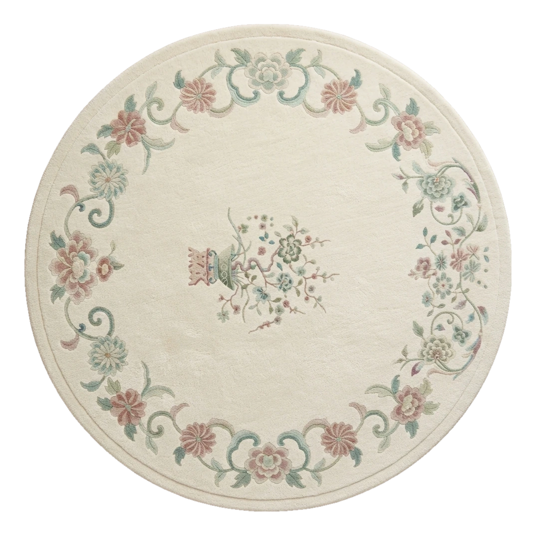 Ivory Peony Garland Round Hand Knotted Rug - alternate view