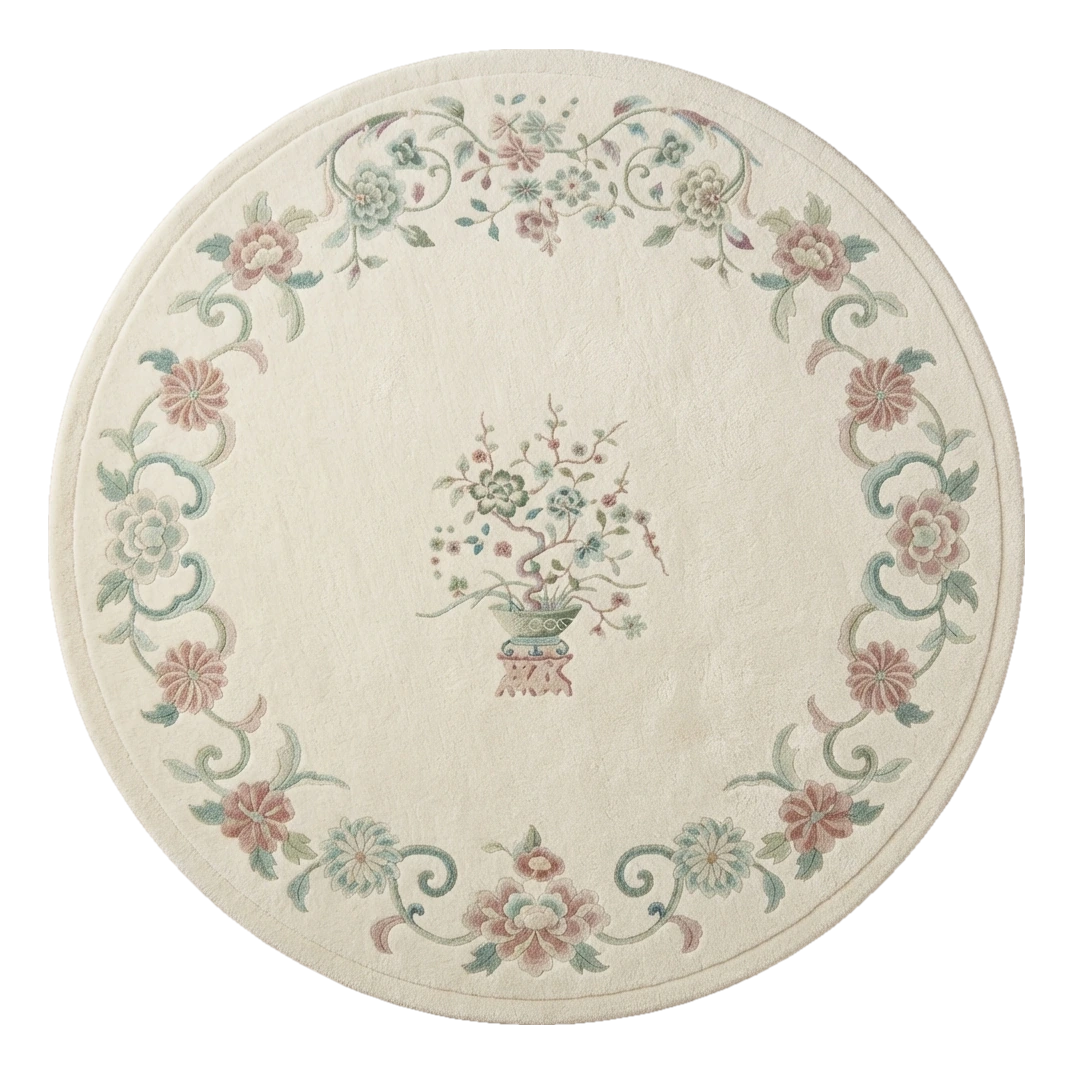 Ivory Peony Garland Round Hand Knotted Rug