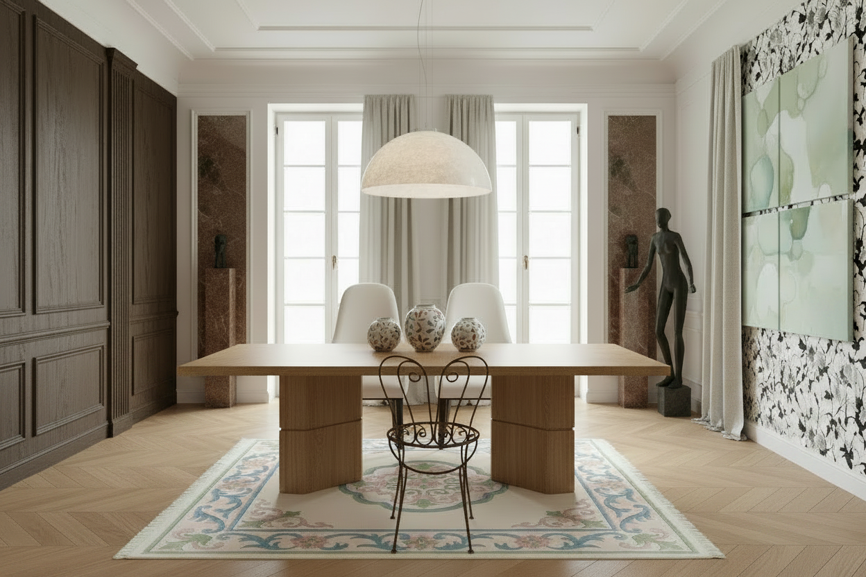 Modern dining room with a floral rug, large wooden table, chairs, and decorative elements.