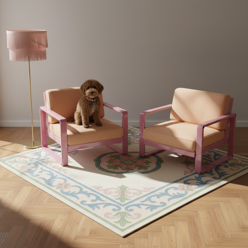 Two mid-century modern armchairs with peach cushions and pink frames are arranged on a patterned rug in a sunlit room. A small brown poodle sits in the left chair, and a pink fringed floor lamp stands nearby.