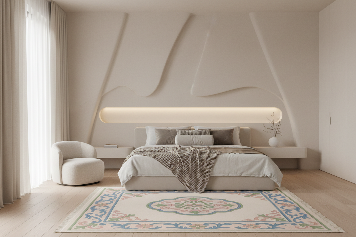 Modern bedroom with a large bed, light fixture, and decorative rug.