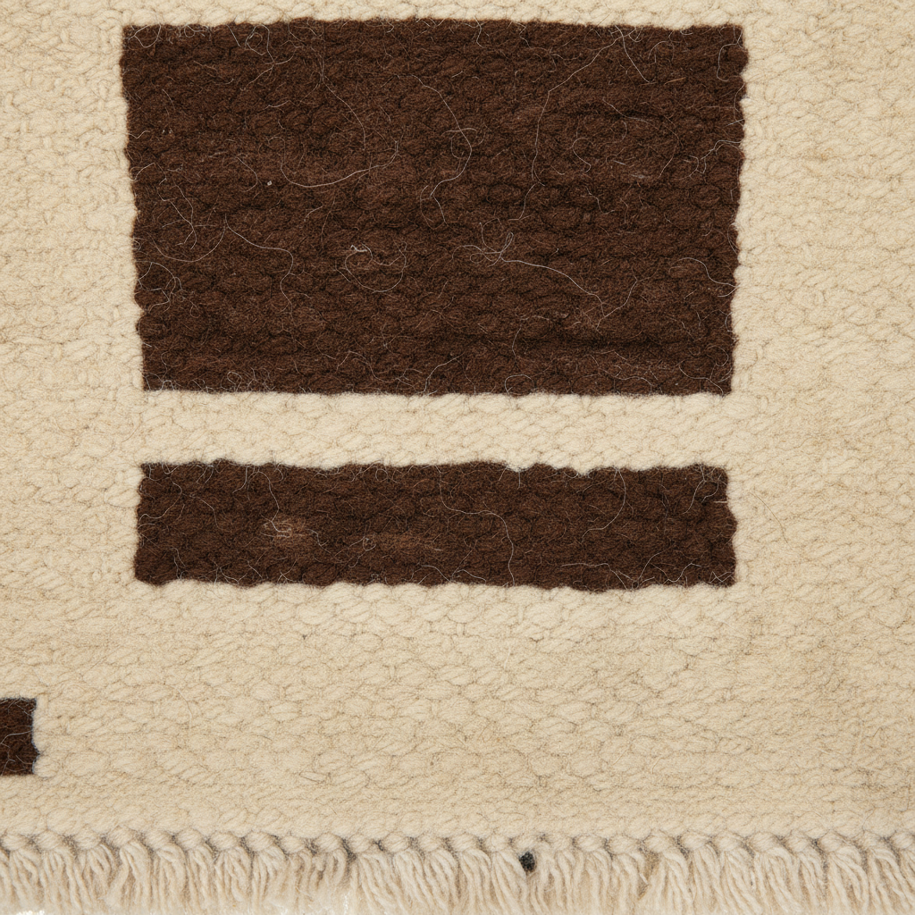 Close-up of a textured woven rug or textile in warm cream with two dark brown rectangular woven sections and a cream fringe along the bottom edge.