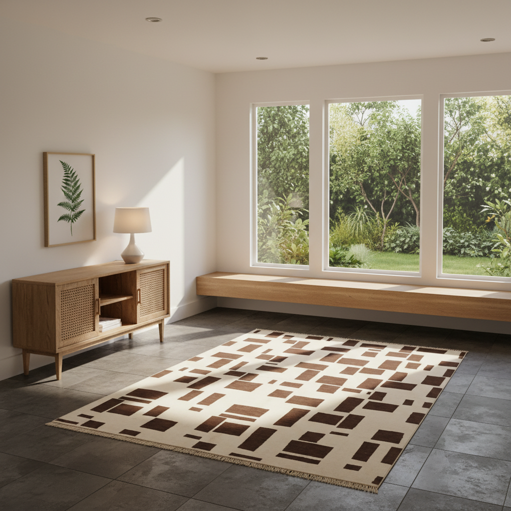 A large rectangular area rug with an abstract geometric pattern of brown and beige rectangles on a cream background, styled in a modern, sunlit living room with a wooden bench, sideboard, and large windows overlooking a green garden.