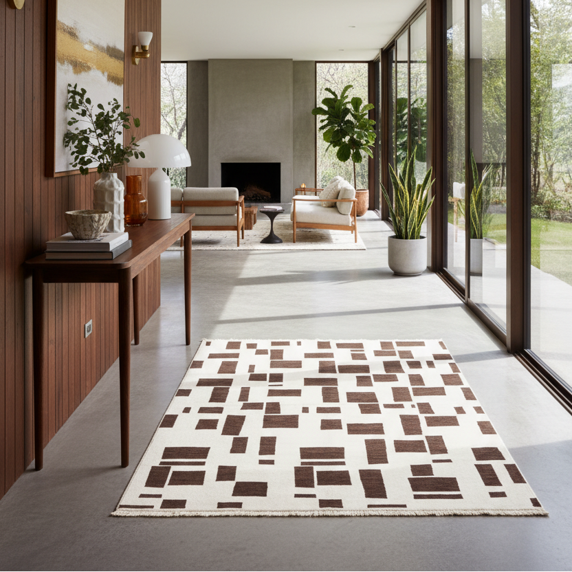 A rectangular area rug with a geometric pattern of dark brown rectangles on an off-white background, styled in a modern, sunlit living room with large windows and wooden furniture.