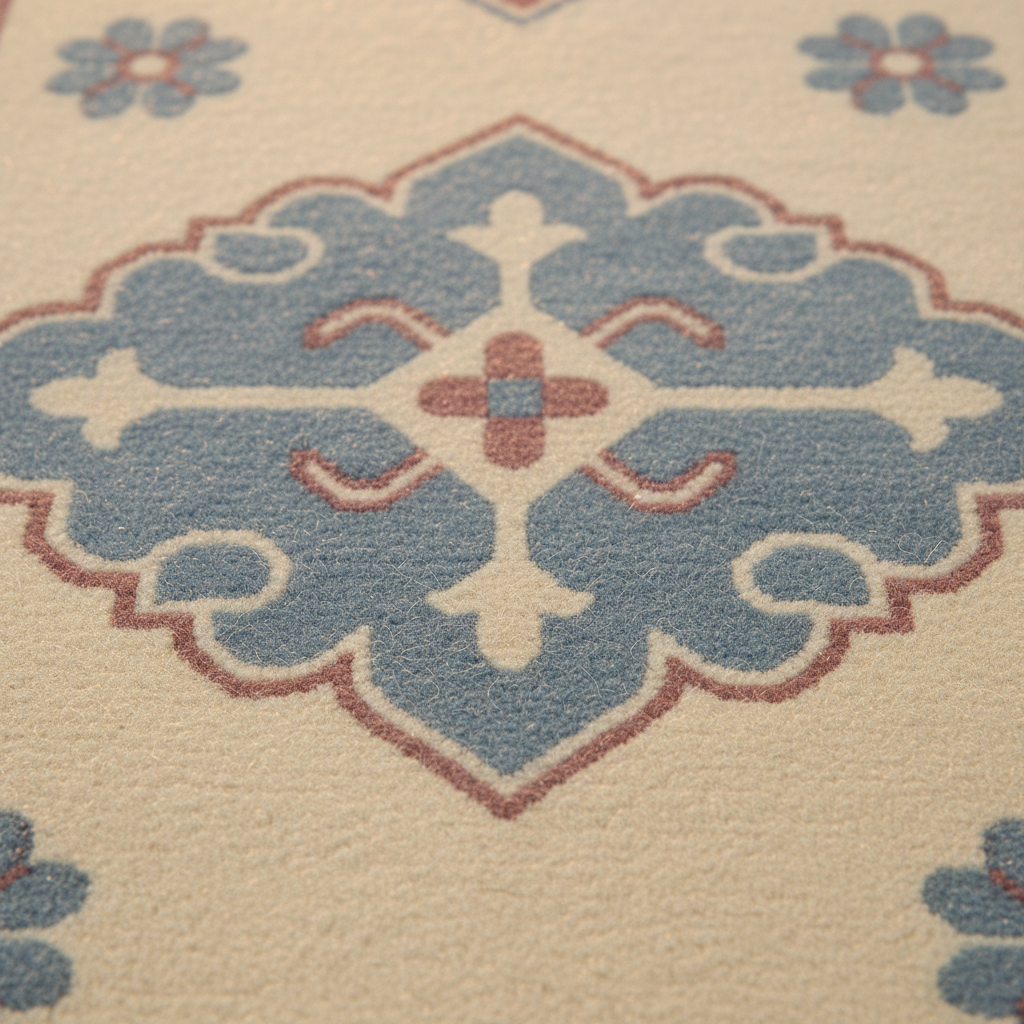 Close-up of a patterned area rug with a large central medallion in dusty blue, cream, and muted terracotta, surrounded by small matching floral motifs on a warm cream field.
