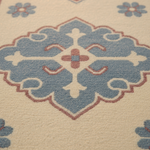 Close-up of a patterned area rug with a large central medallion in dusty blue, cream, and muted terracotta, surrounded by small matching floral motifs on a warm cream field.