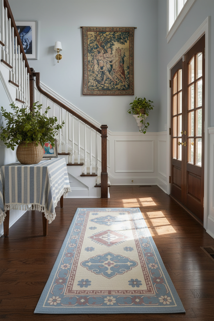 traditional floral runner rug in a large entryway