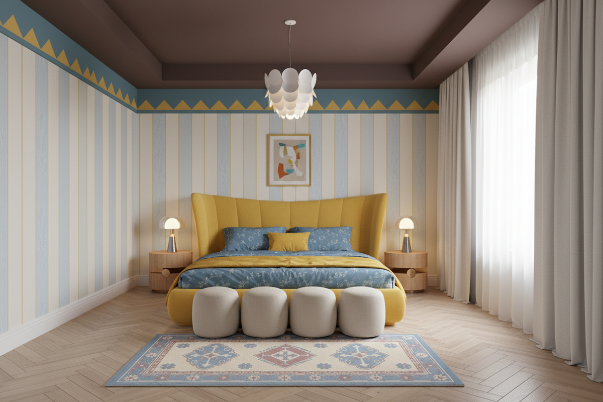 A beautifully styled bedroom featuring a prominent yellow upholstered bed headboard, blue and yellow bedding, striped wallpaper, a patterned rug, and a modern white flower-shaped chandelier.