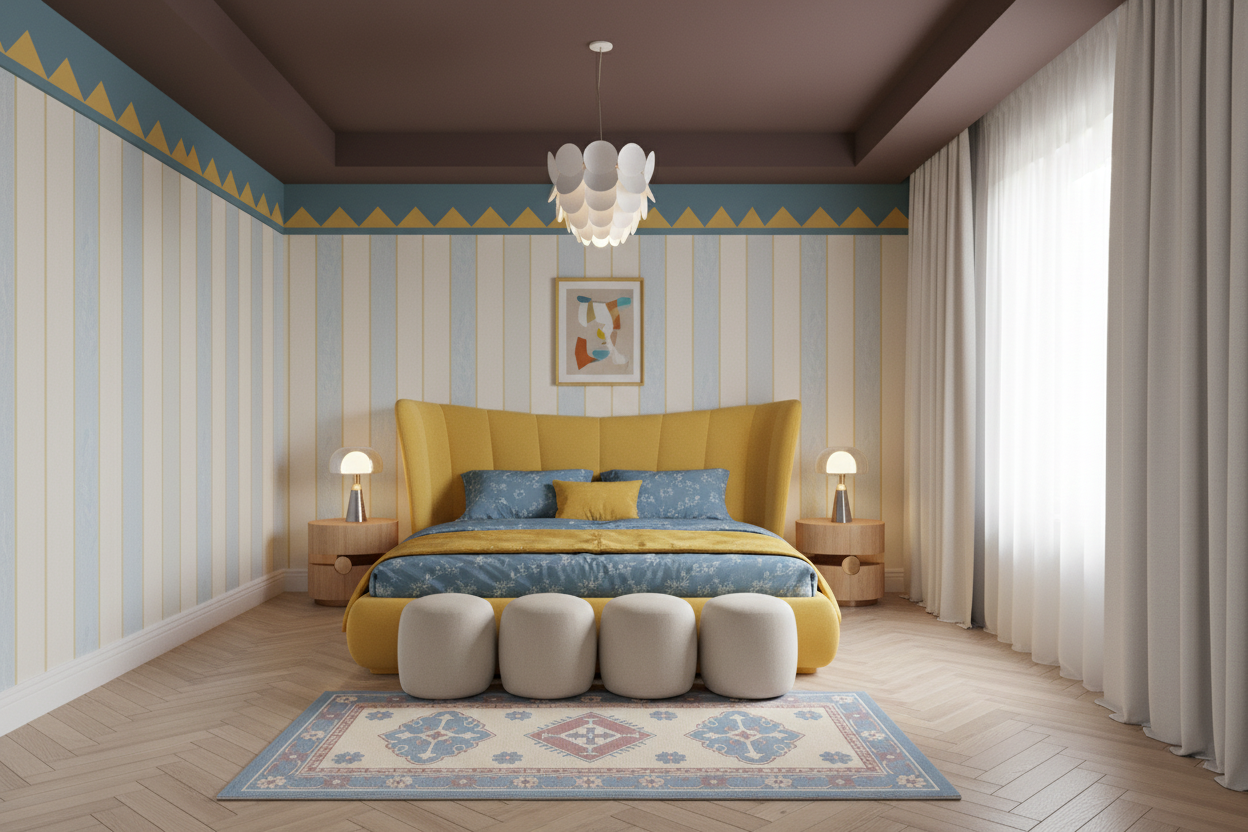 A beautifully styled bedroom featuring a prominent yellow upholstered bed headboard, blue and yellow bedding, striped wallpaper, a patterned rug, and a modern white flower-shaped chandelier.