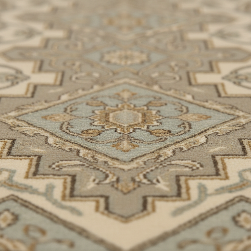 A close-up, shallow depth-of-field view of a traditional area rug featuring a geometric medallion pattern in beige, cream, light blue, and taupe.