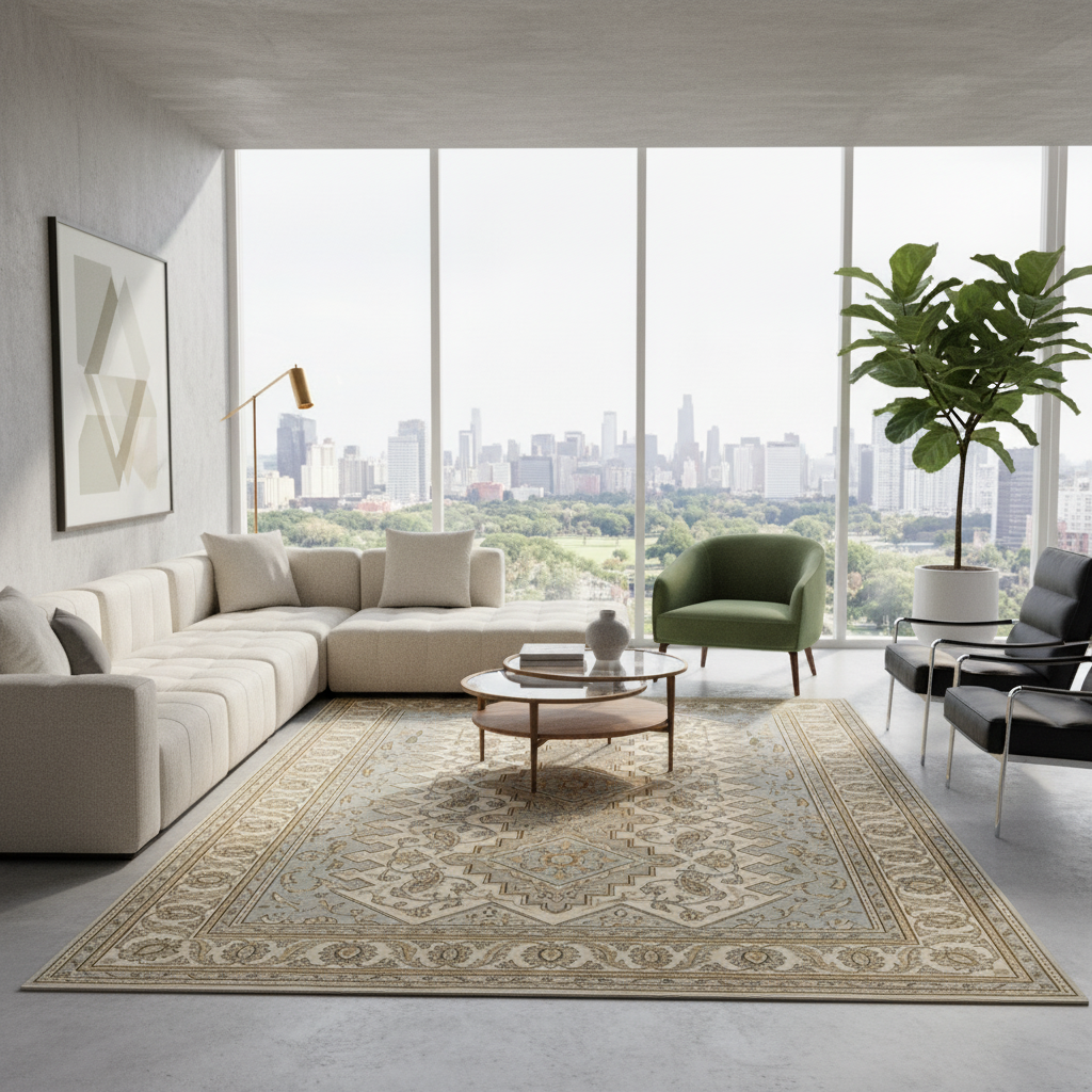 A large beige and cream patterned area rug styled in a modern living room with a sectional sofa, coffee table, green accent chair, and a large potted plant, set against a backdrop of floor-to-ceiling windows overlooking a city skyline.