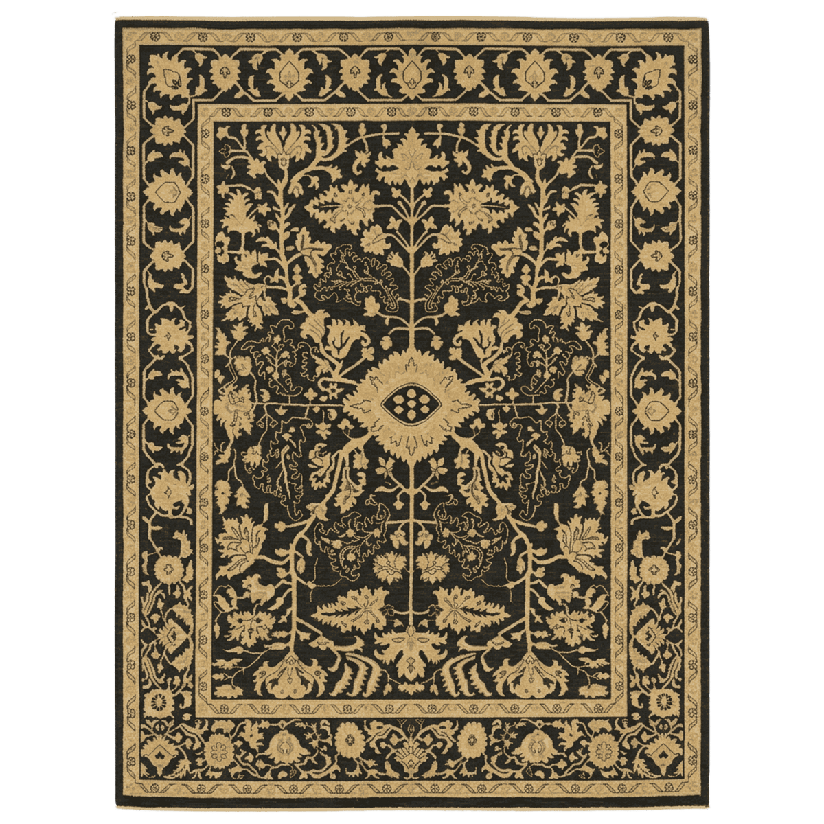 Decorative rug with intricate floral pattern on a black background