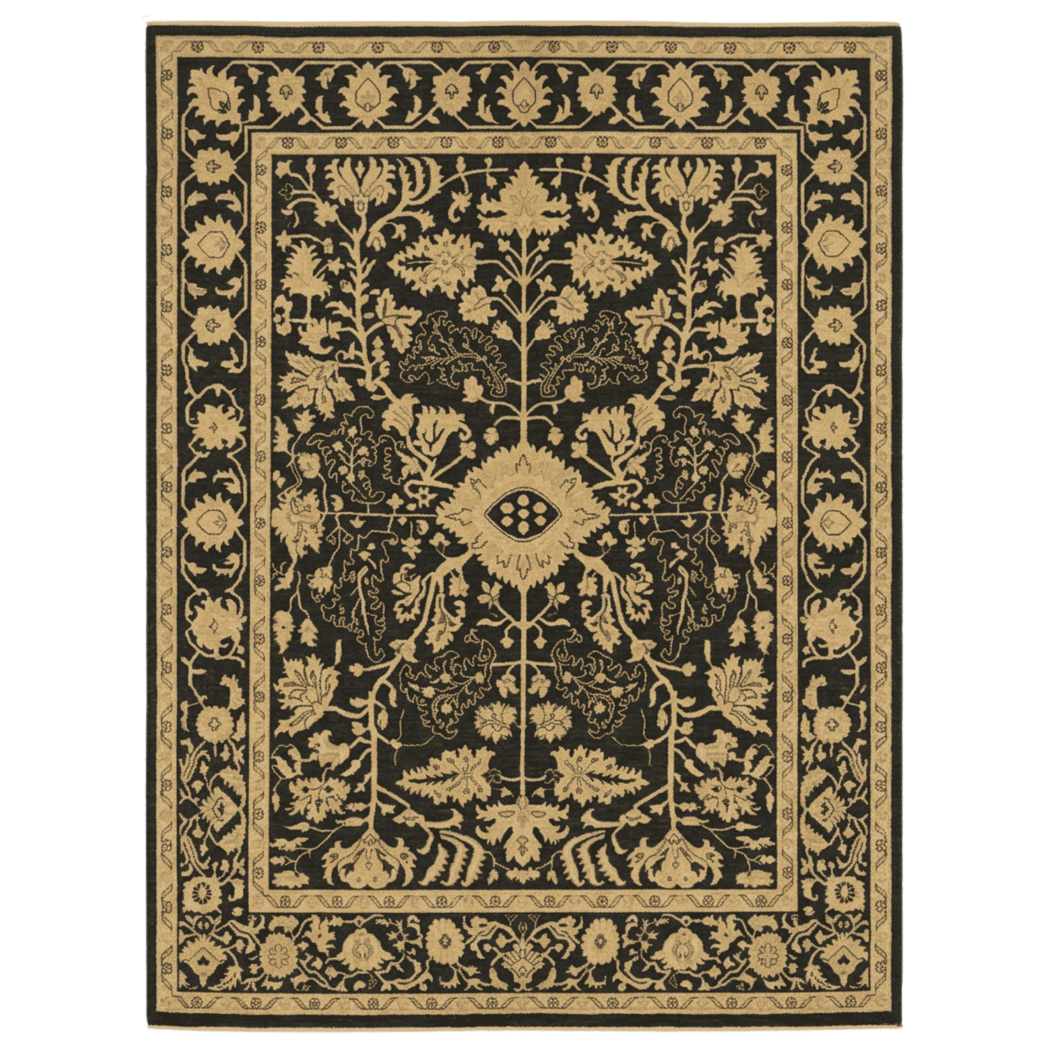 Decorative rug with intricate floral pattern on a black background