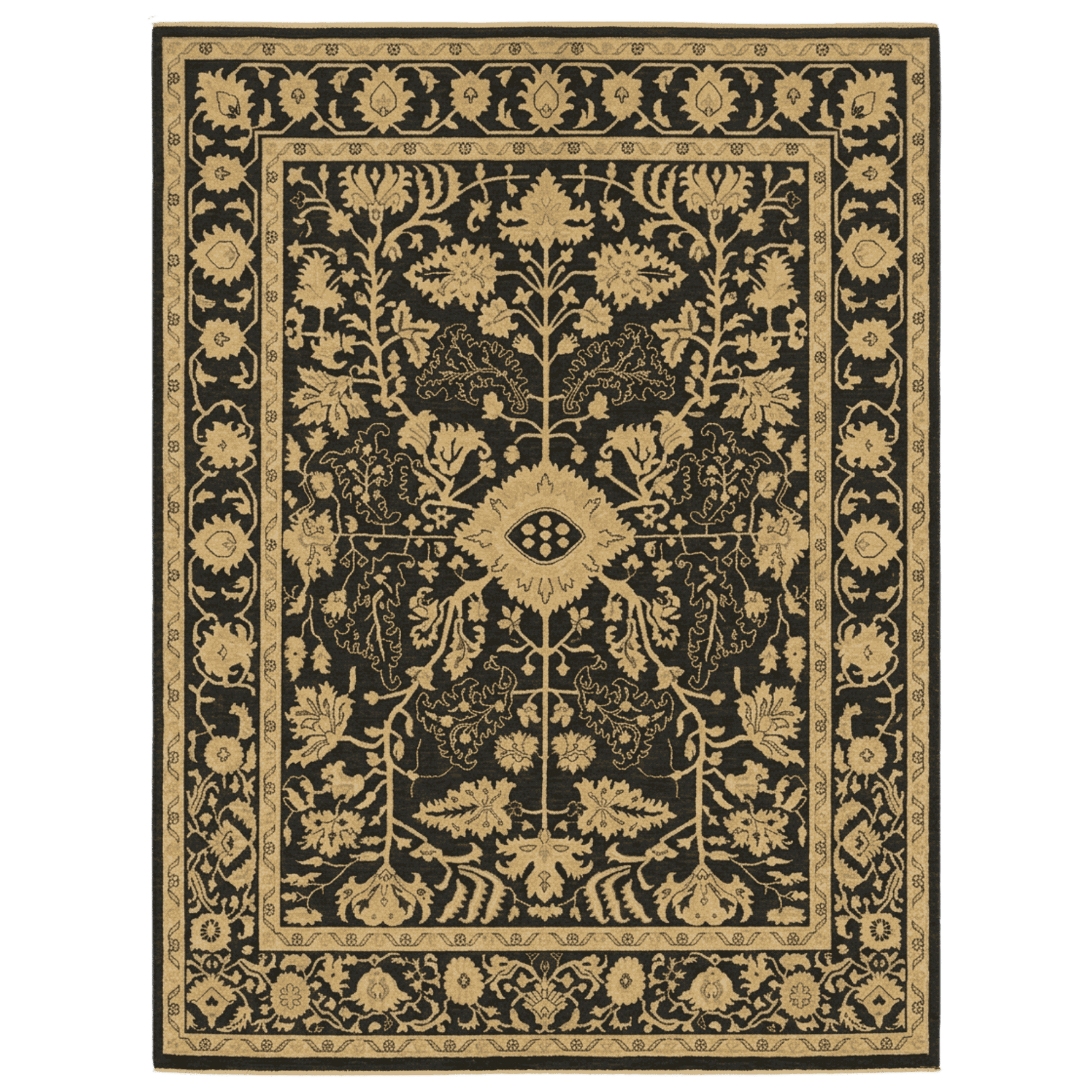 Decorative rug with intricate floral pattern on a black background