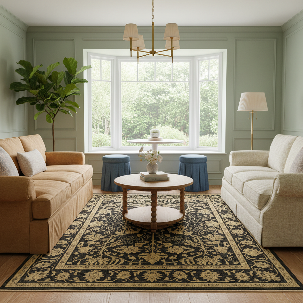 A styled living room scene featuring a large traditional patterned area rug in black and gold, with a round wooden coffee table in the center, flanked by a tan sofa on the left and a cream sofa on the right. The room has sage green walls, a large bay window looking out to green trees, and a potted fiddle-leaf fig plant.