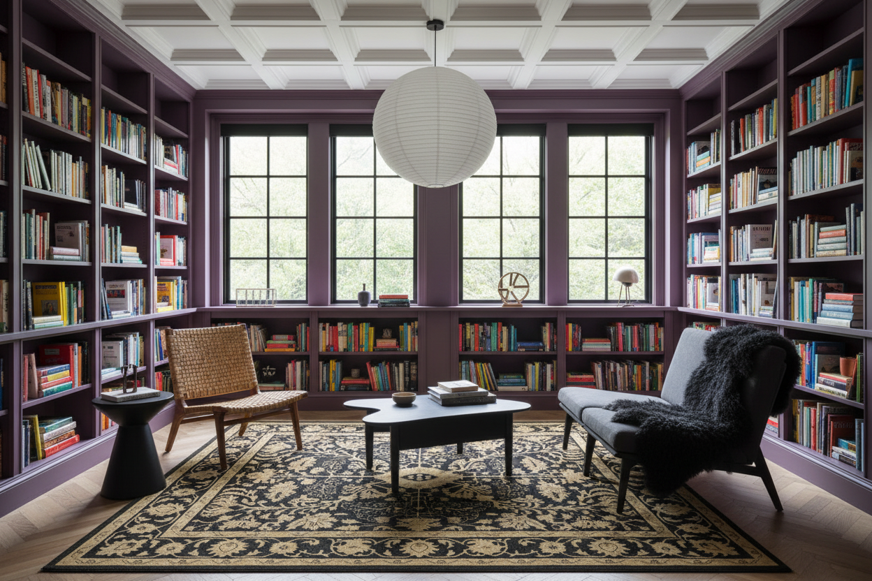 Library or study room with a knotted rug, bookshelves, chairs, and a coffee table.