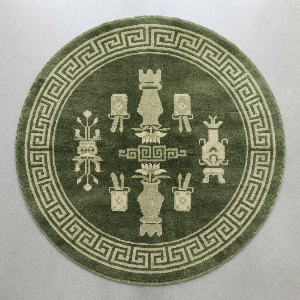 Jade Antique Vessels Round Hand Knotted Rug - studio photo