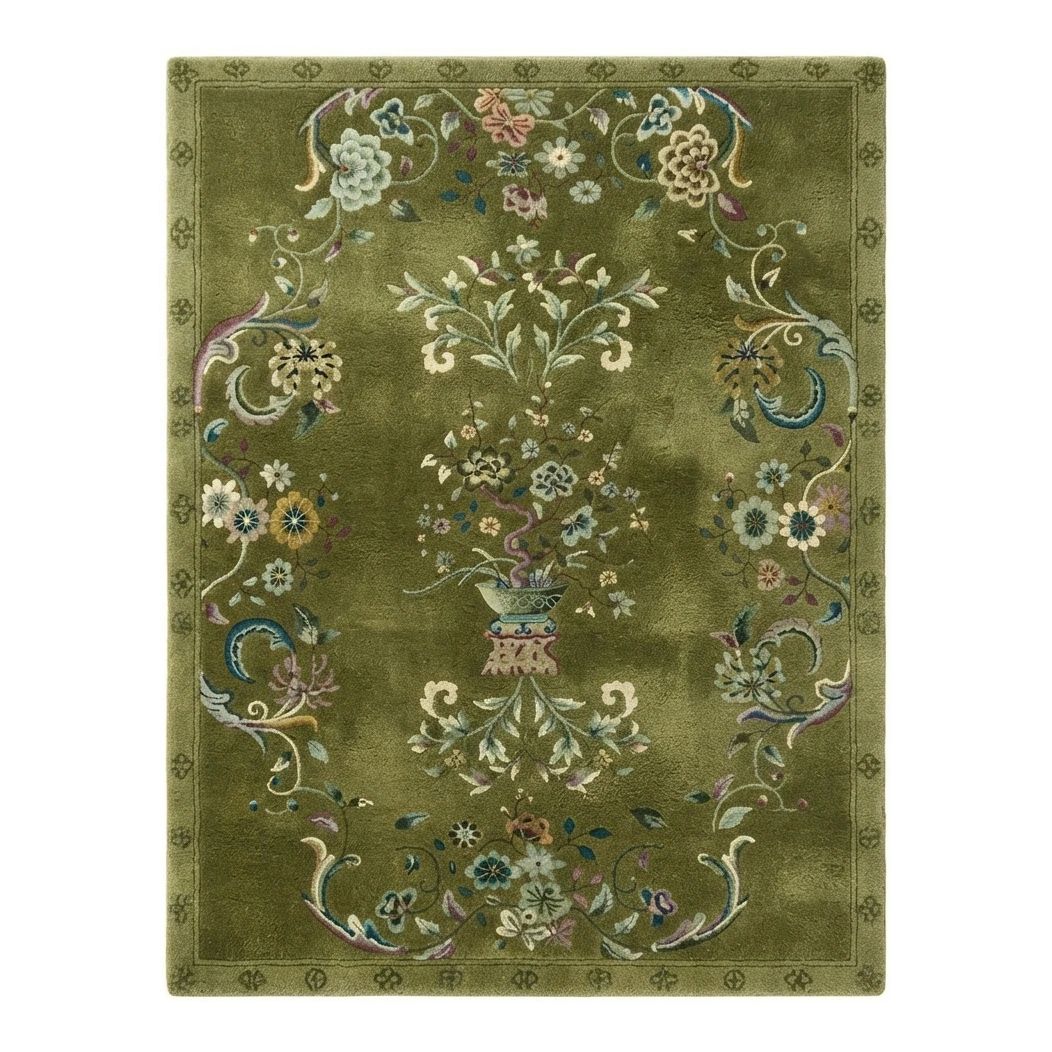 Jade Silk Chinoiserie Hand Tufted Wool and Viscose Rug