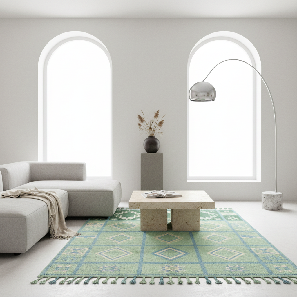 A modern living room scene featuring a light green and blue patterned area rug with fringe, a low concrete coffee table, a light gray sectional sofa, a tall silver floor lamp, and two large arched windows.