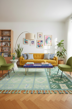 Modern living room with yellow sofa, green chairs, and colorful rug.