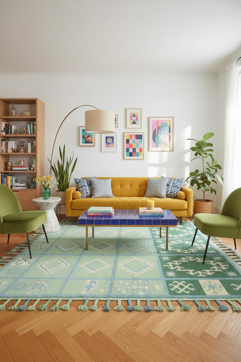 Modern living room with yellow sofa, green chairs, and colorful rug.
