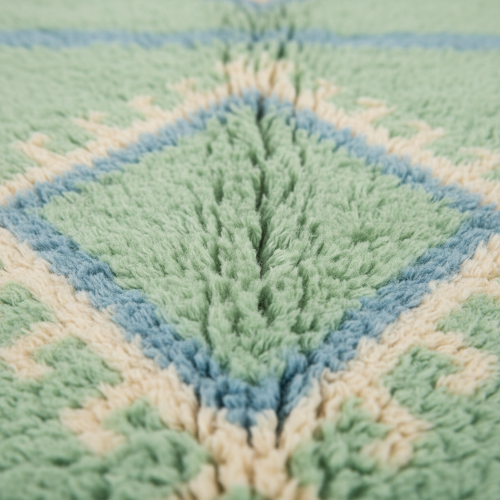Close-up of a plush textured rug with a geometric diamond pattern in sage green, dusty blue, and cream.