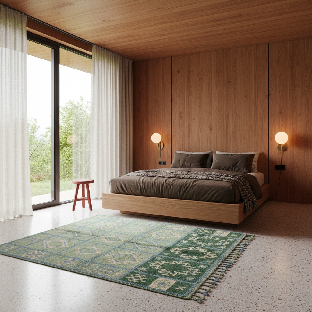 A modern bedroom interior with a low wooden platform bed dressed in dark gray bedding, a green patterned area rug on a light speckled floor, wood-paneled walls and ceiling, two wall-mounted globe lamps, and large windows with white curtains.
