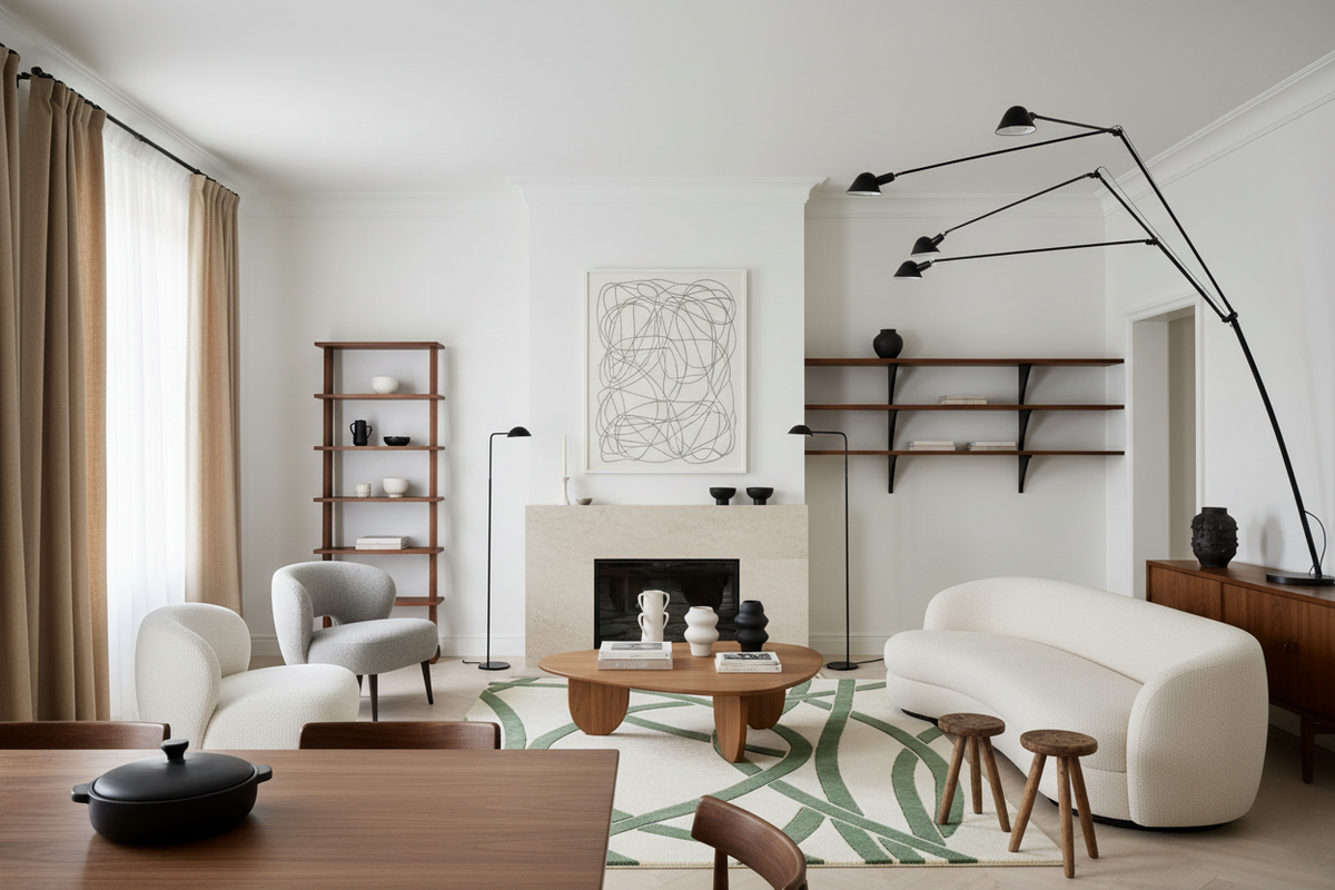 Modern living room with white walls, wooden furniture, and decorative beige and green handmade rug, and decor elements.